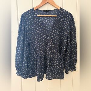 Madewell Puff-Sleeve Peplum Wrap tie Top women’s Large boho peasant ruffle navy